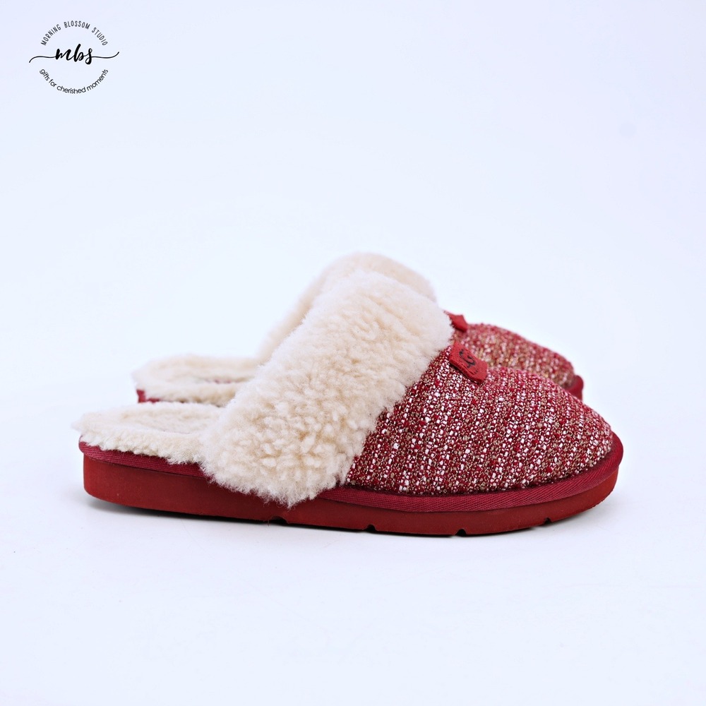 UGG Coquette‎ Tweed Slippers Cabincore Wool Slip On Fur Trim Red Cream Women 7